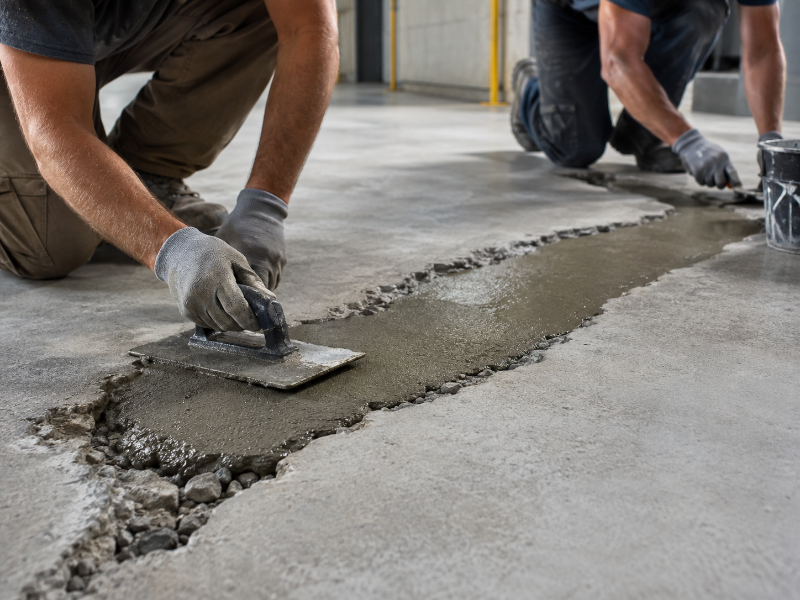 Technician repairing a cracked commercial concrete surface