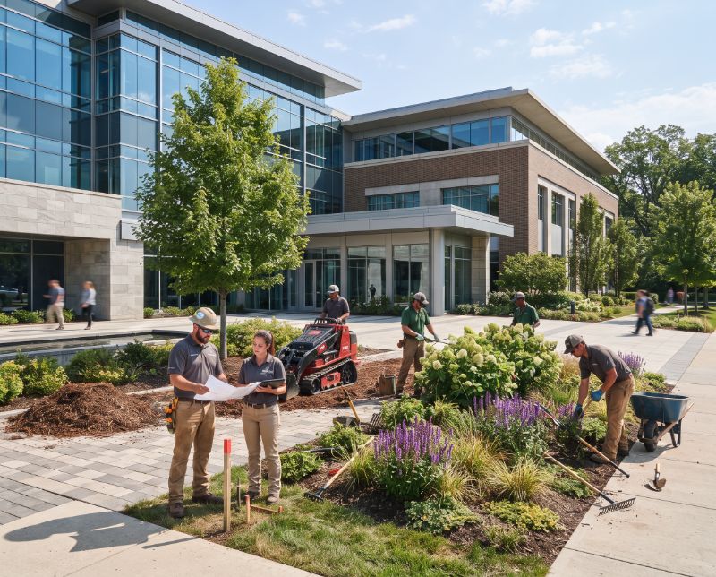 Well-maintained landscaping outside a commercial property