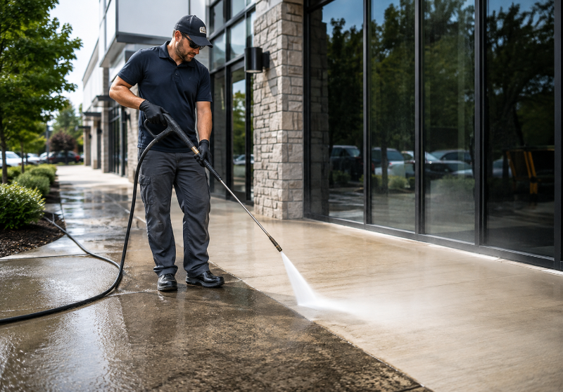 Pressure washing a commercial sidewalk and building entrance